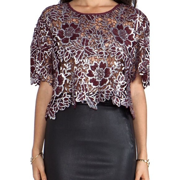ELIZABETH AND JAMES Bates Bordeaux Maroon Silver Winter Lace Blouse, Size M - Picture 4 of 15